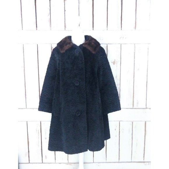 Vintage 60s black faux Persian lamb mink fur collar coat - Picture 1 of 5